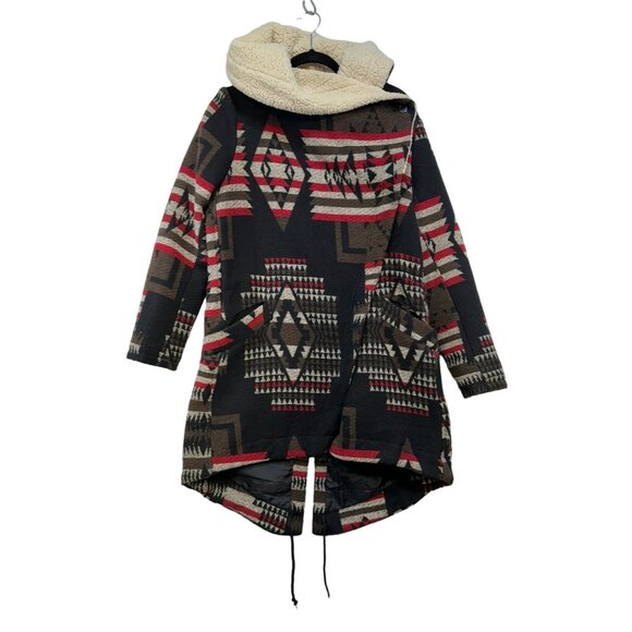 Mossimo Supply Co. Womens Tribal Aztec Pattern Hooded Coat S/P Black Red - Picture 1 of 16
